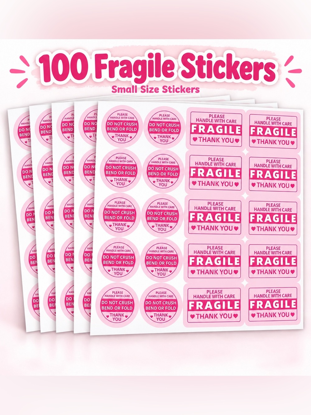 Fragile Stickers - Pink Handle With Care Labels (100 Pack)